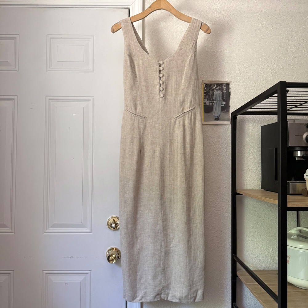 RAMPAGE vintage natural tan beige linen‎ rayon belted tie waist midi dress